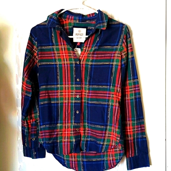 SO Perfect Shirt in Blue and Red Plaid with Golden Metallic Thread Size XS - Picture 1 of 8